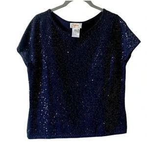 Talbots Beaded Sequin Short Sleeve Merino Wool Sweater Top Black Size L Party